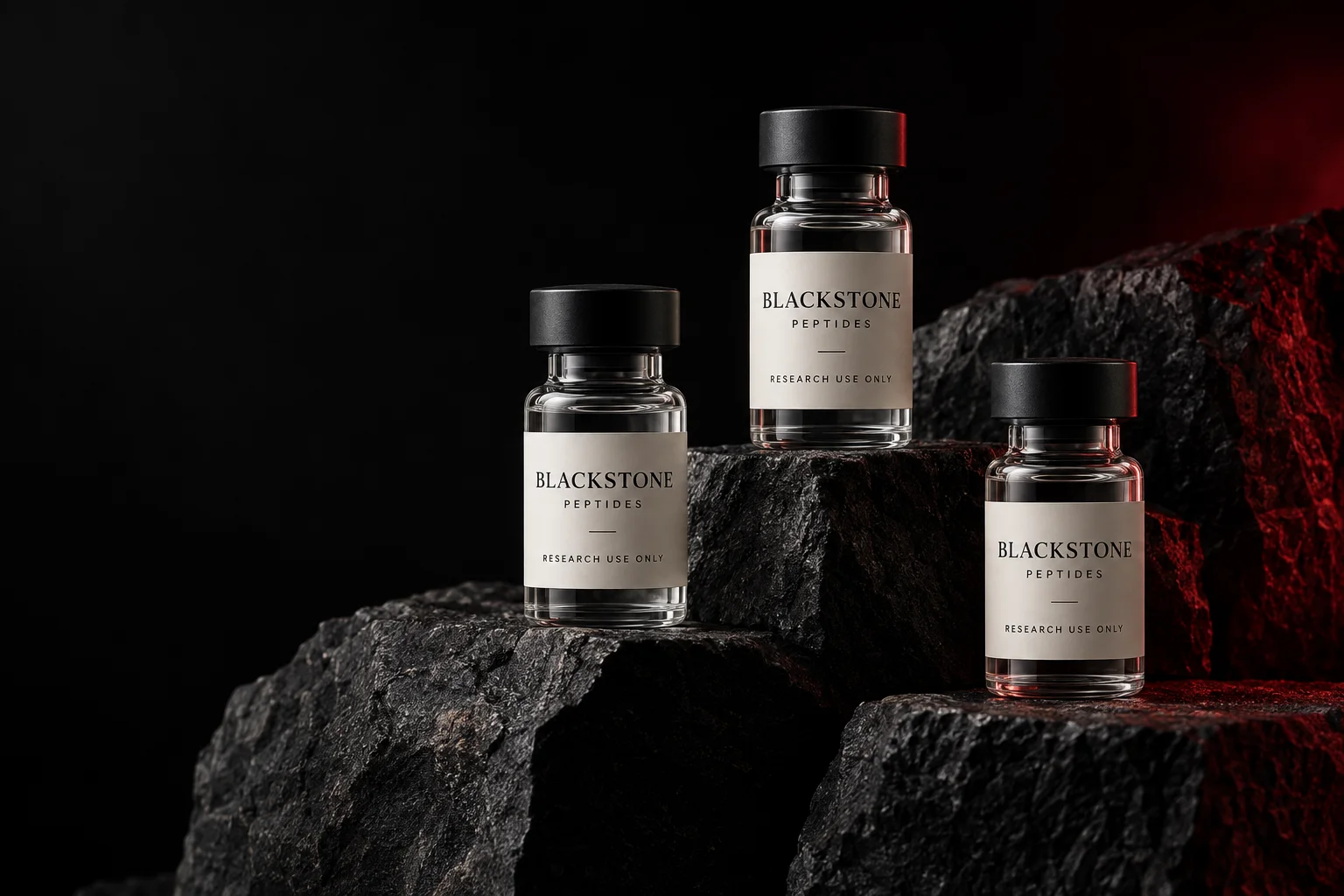 Blackstone concept research vials on dark basalt stone